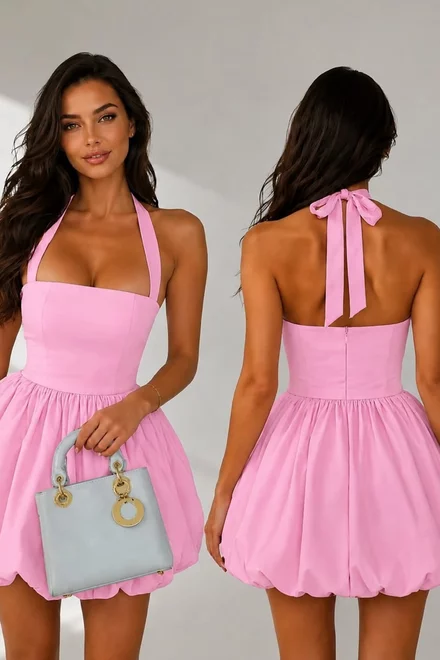  Rochie de Dama, Scurta,  Tip Gogosar, din Crep Elastic, Ellya, Roz