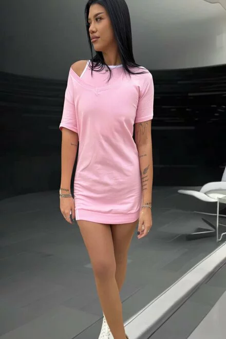 Rochie de Dama, Sport, din Doua Piese, Bustiera si Rochie cu Dungi Albe in Contrast, Sportissimo, Roz