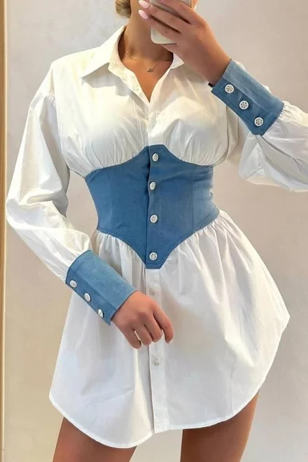 Rochie de Dama, Tip Camasa, Cu Mansete si Brau din Blug, Vanessa, Alba