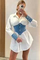 Rochie de Dama, Tip Camasa, Cu Mansete si Brau din Blug, Vanessa, Alba