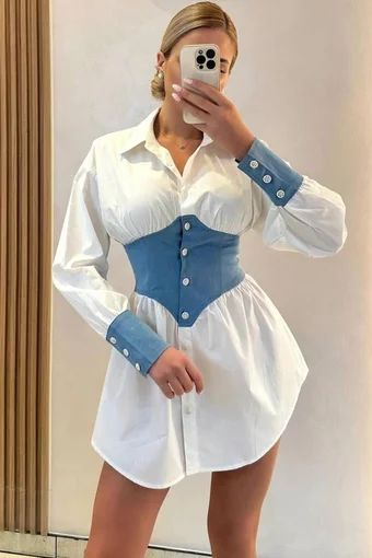 Rochie de Dama, Tip Camasa, Cu Mansete si Brau din Blug, Vanessa, Alba