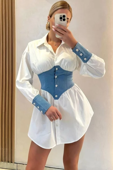 Rochie de Dama, Tip Camasa, Cu Mansete si Brau din Blug, Vanessa, Alba