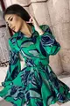 Rochie de Dama Tip Camasa, din Satin, Maneci Lungi si Inchidere cu Nasturi, Print Floral, Exotic, Verde