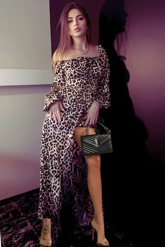 Rochie de Dama Tip Camasa Lunga, cu Nasturi, Stransa in Siret pe Bust, cu Print Leopard, Foggi