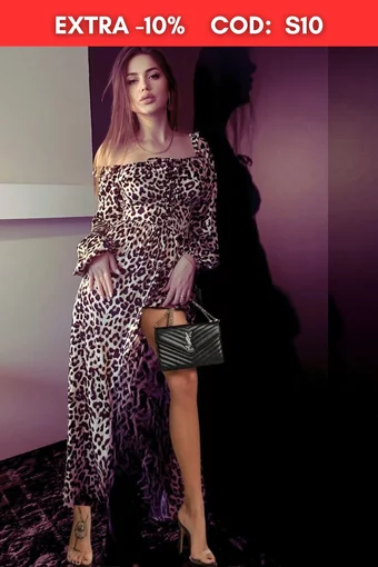 Rochie de Dama Tip Camasa Lunga, cu Nasturi, Stransa in Siret pe Bust, cu Print Leopard, Foggi