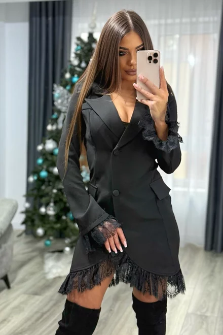 Rochie de Dama, Tip Sacou, cu Inchidere Nasturi si Accesorizata cu Dantela, Marisolla, Neagra
