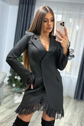 Rochie de Dama, Tip Sacou, cu Inchidere Nasturi si Accesorizata cu Dantela, Marisolla, Neagra