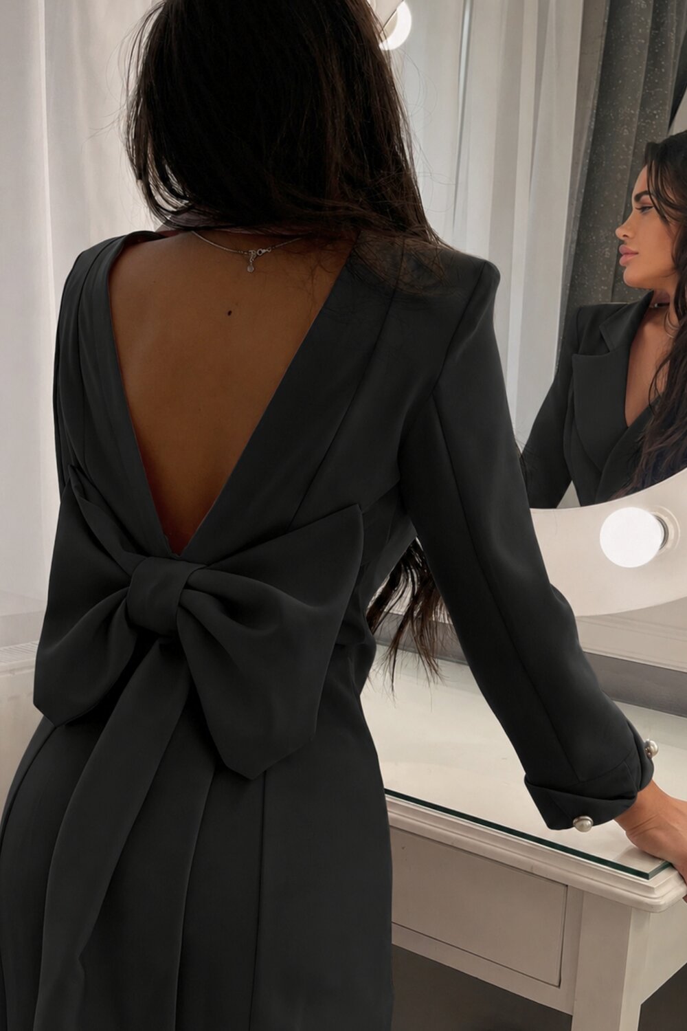 rochii de seara Rochie De Dama, Tip Sacou, Cu Inchidere Nasturi Si Accesorizata Cu Funda La Spate, Tianna, Neagra