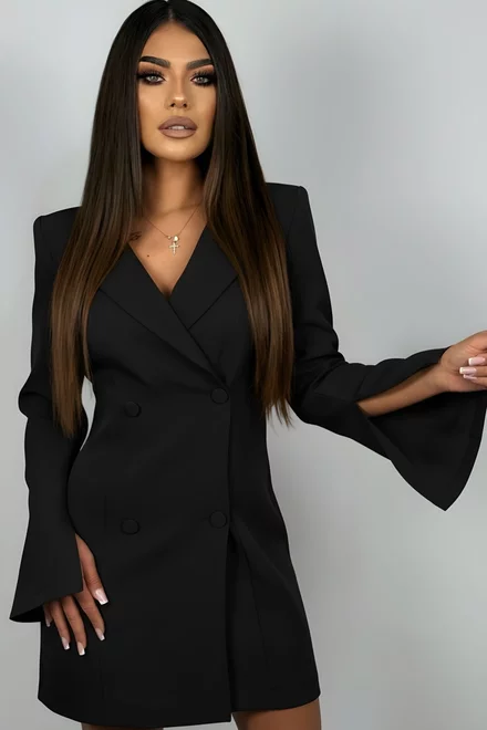 Rochie de Dama Tip Sacou, cu Maneci Lungi Crapate si Accesorizata cu Funda, Andorra, Neagra