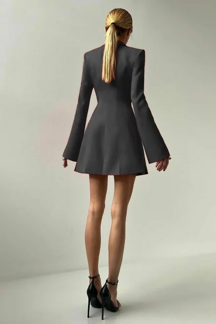 Rochie de Dama, Tip Sacou, Cu maneci Lungi Crapate si Inchidere Nasturi, Zelennys, Neagra