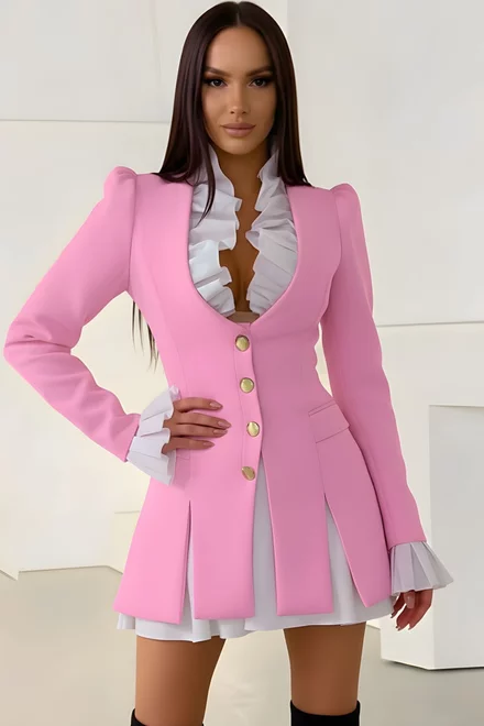 Rochie de Dama, Tip Sacou, cu Poplin Alb  si Crapaturi Decorative, Luxurise, Roz