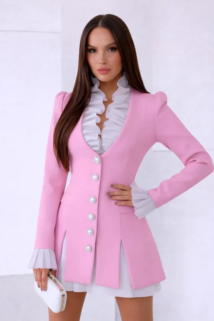 Rochie de Dama, Tip Sacou, cu Poplin Alb  si Crapaturi Decorative, Luxurise, Roz