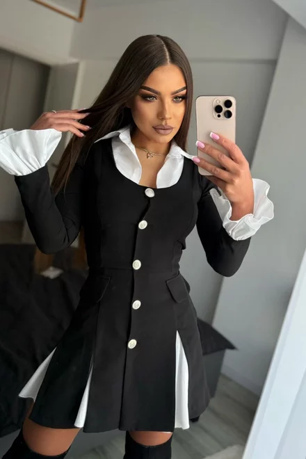 Rochie de Dama, Tip Sacou, cu Poplin Alb si Inchidere Nasturi, Carollina, Neagra