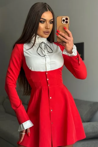 Rochie de Dama, Tip sacou, cu Poplin Alb  si Maneci Lungi, Lorelay, Rosie