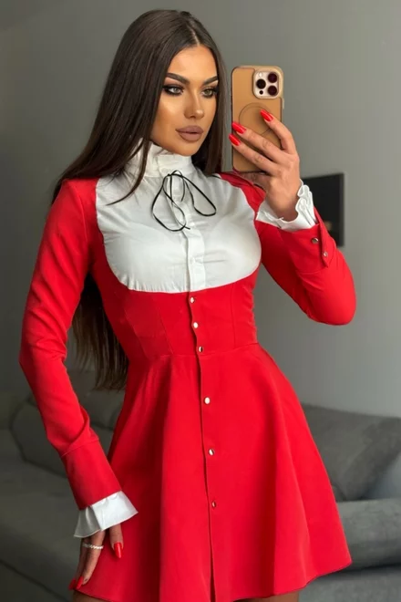 Rochie de Dama, Tip sacou, cu Poplin Alb  si Maneci Lungi, Lorelay, Rosie