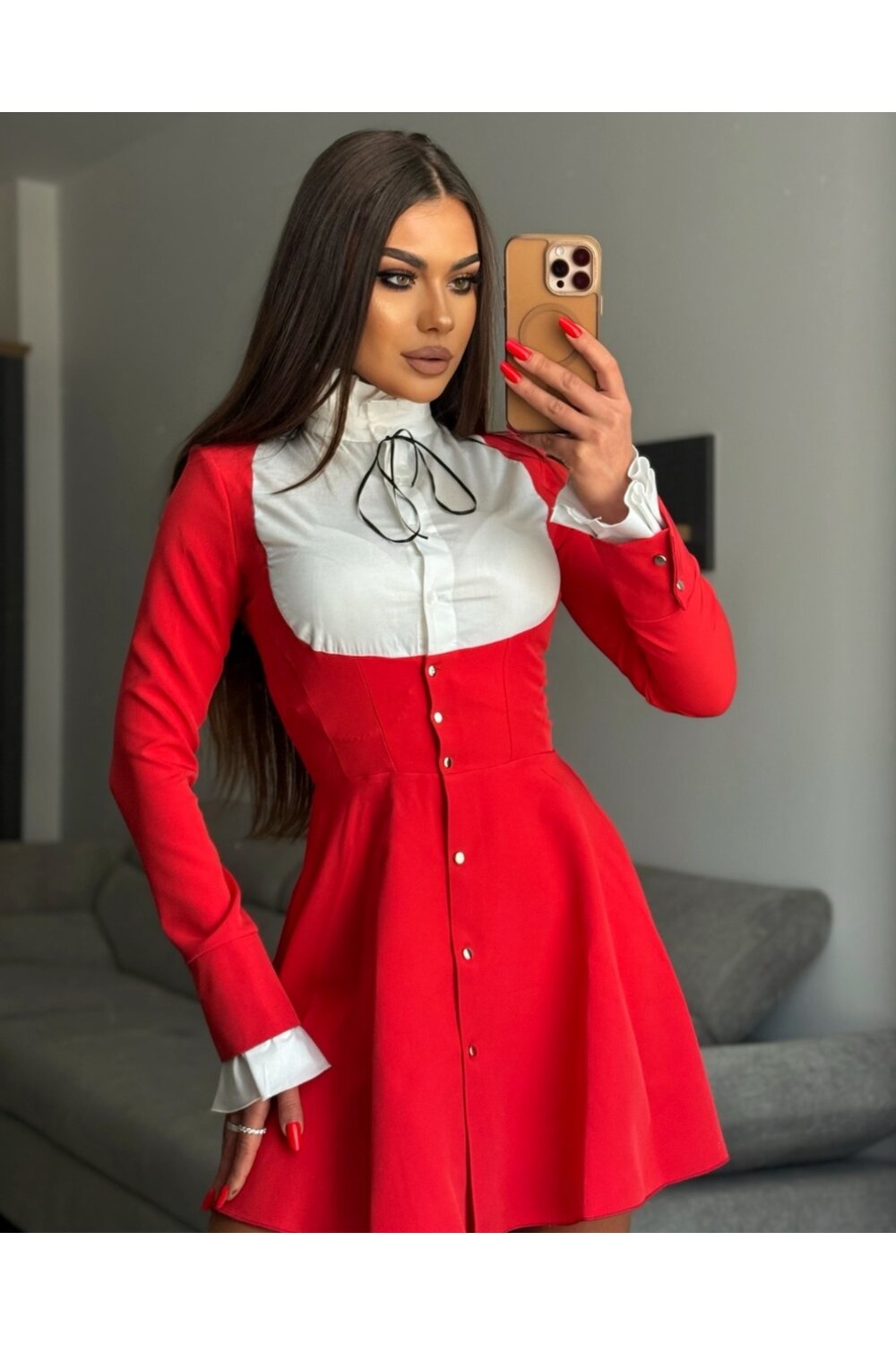 FOGGI Rochie De Dama, Tip Sacou, Cu Poplin Alb Si Maneci Lungi, Lorelay, Rosie