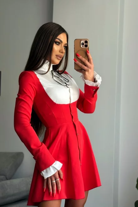 Rochie de Dama, Tip sacou, cu Poplin Alb  si Maneci Lungi, Lorelay, Rosie