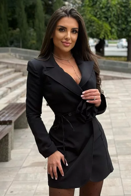 Rochie de Dama, Tip Sacou, din Bistrech, cu Centura Detasabila Accesoriata cu Floare, BlackMerry, Neagra