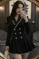 Rochie de Dama, Tip Sacou, din Bistrech, cu Inchidere Nasturi, Briar, Neagra