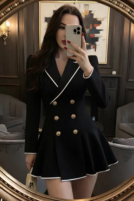 Rochie de Dama, Tip Sacou, din Bistrech, cu Inchidere Nasturi, Briar, Neagra