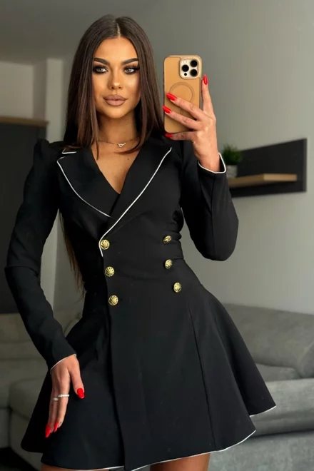 Rochie de Dama, Tip Sacou, din Bistrech, cu Inchidere Nasturi, Briar, Neagra