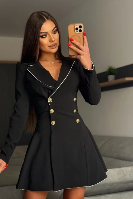 Rochie de Dama, Tip Sacou, din Bistrech, cu Inchidere Nasturi, Briar, Neagra