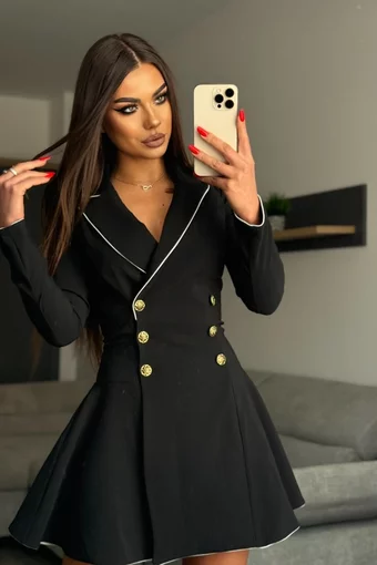 Rochie de Dama, Tip Sacou, din Bistrech, cu Inchidere Nasturi, Briar, Neagra