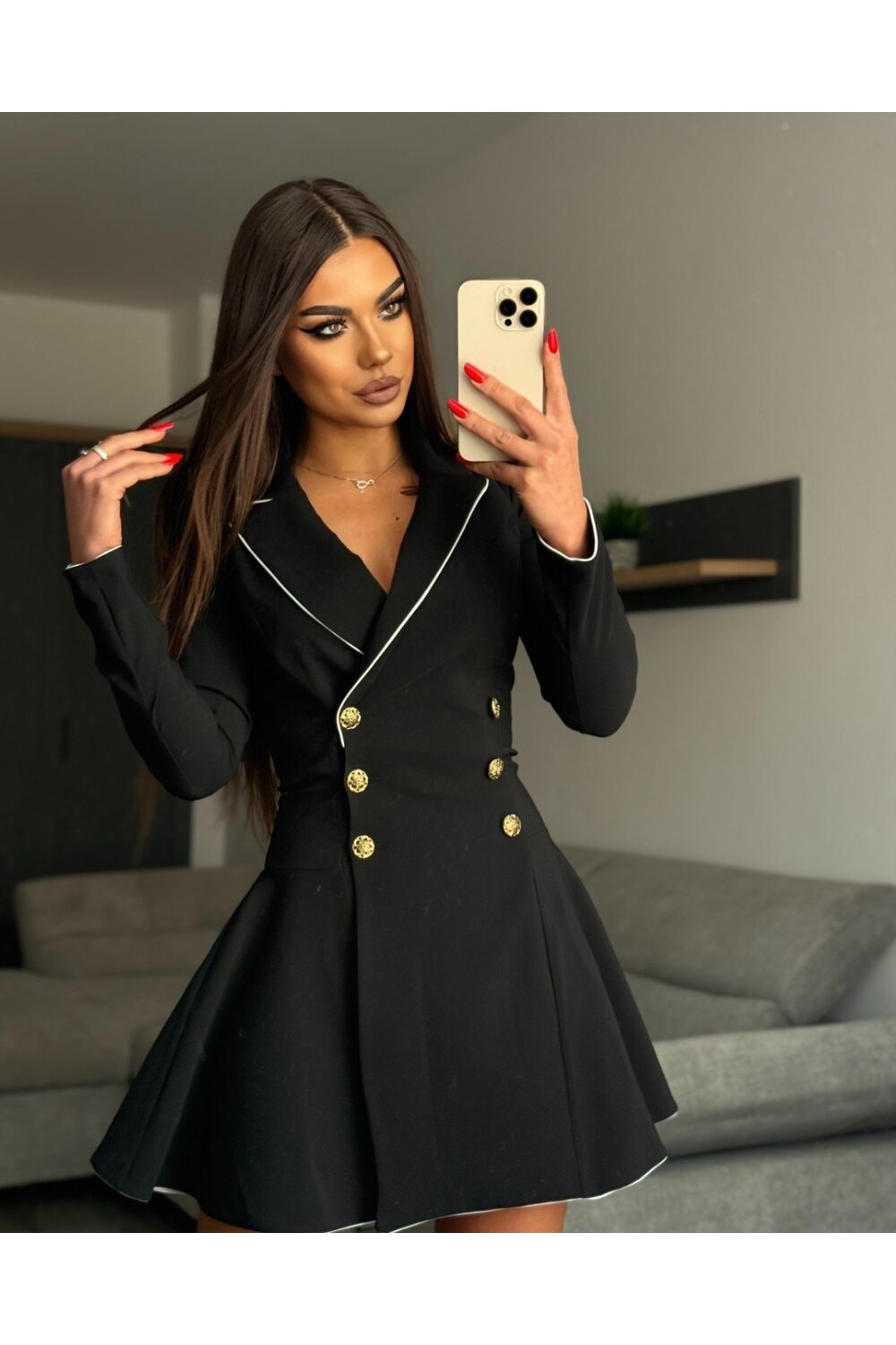 FOGGI Rochie De Dama, Tip Sacou, Din Bistrech, Cu Inchidere Nasturi, Briar, Neagra