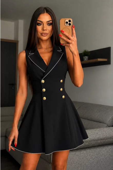 Rochie de Dama, Tip Sacou,din Bistrech,cu Inchidere Nasturi,Vanne,Neagra