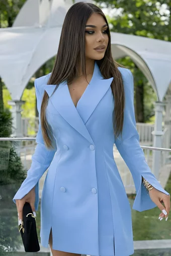 Rochie de Dama, Tip Sacou, din Bistrech, cu Maneci Lungi Crapate, Monnaly, Bleu