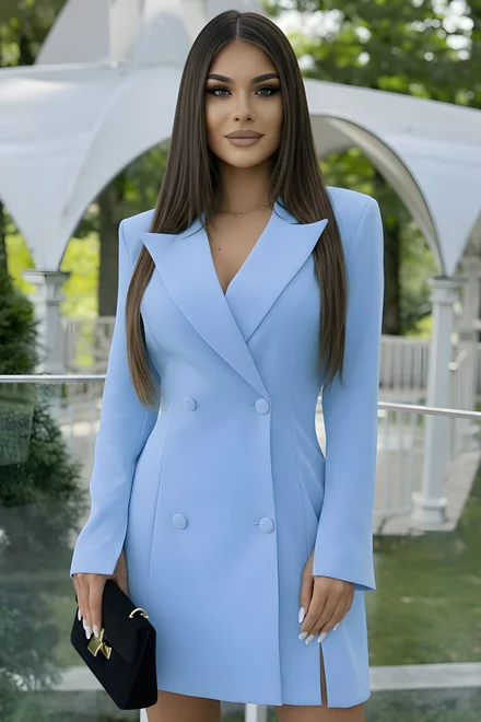 Rochie de Dama, Tip Sacou, din Bistrech, cu Maneci Lungi Crapate, Monnaly, Bleu