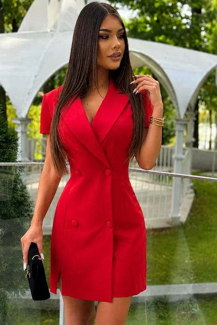 Rochie de Dama, Tip Sacou, din Bistrech, cu Maneci Scurte, Alindora, Rosie