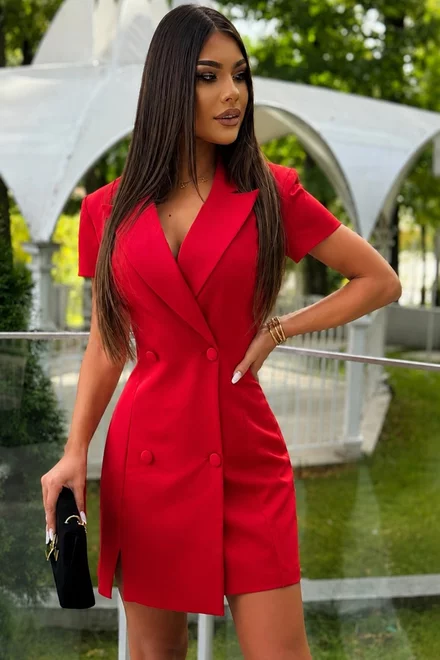 Rochie de Dama, Tip Sacou, din Bistrech, cu Maneci Scurte, Alindora, Rosie