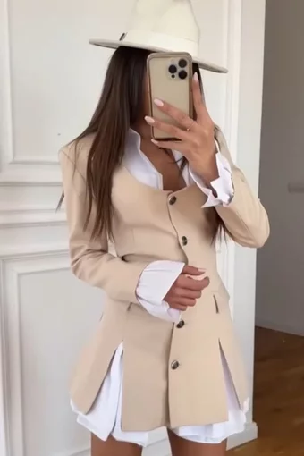 Rochie de Dama, Tip Sacou, din Bistrech, cu Poplin Alb si Crapaturi Decorative, School, Bej