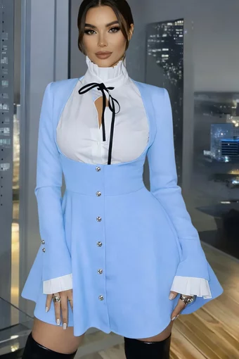 Rochie de Dama, Tip Sacou, din Bistrech, cu Poplin Alb si Maneci Lungi, Fellicya, Blue