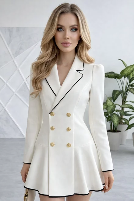 Rochie De Dama, Tip Sacou, din Bistrech, cu Tiv Negru in Contrast, Harper, Ivoire