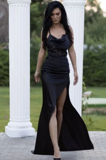 Rochie de Dama, Tip Sirena, in Bretele Subtiri si Accesorizata cu Dantela pe Bust, Raquel, Neagra