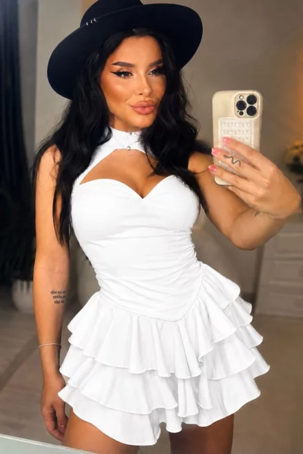 Rochie  de Dama,Usor Asimetrica, cu Volane si Imprimeu cu Buline, Mirabelle, Alba