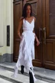 Rochie de Festival, In Bretele Subtiri, Asimetrica, cu Cordon Volane Lungi Atasat si Crapatura, Parade, Alba