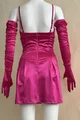 Rochie  de Ocazie de Dama, din Satin, Cu Manusi Lungi pe Degete, Bretele Subtiri Reglabile si Decolteu Adanc, Amaris, Fucsia