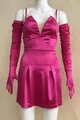 Rochie  de Ocazie de Dama, din Satin, Cu Manusi Lungi pe Degete, Bretele Subtiri Reglabile si Decolteu Adanc, Amaris, Fucsia