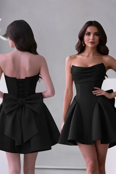 Rochie de Ocazie, din Bistrech,  cu Corset Reglabil si Accesorizata cu Funda Maxi la Spate, Malyora, Neagra