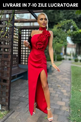 Rochie de Ocazie din Bistrech, cu Crapatura Adanca, Accesorizata cu Flori  pe Bust, Elle, Rosu