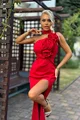 Rochie de Ocazie din Bistrech, cu Crapatura Adanca, Accesorizata cu Flori  pe Bust, Elle, Rosu