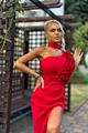 Rochie de Ocazie din Bistrech, cu Crapatura Adanca, Accesorizata cu Flori  pe Bust, Elle, Rosu