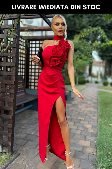 Rochie de Ocazie din Bistrech, cu Crapatura Adanca, Accesorizata cu Flori  pe Bust, Elle, Rosu