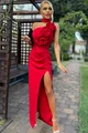 Rochie de Ocazie din Bistrech, cu Crapatura Adanca, Accesorizata cu Flori  pe Bust, Elle, Rosu