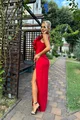Rochie de Ocazie din Bistrech, cu Crapatura Adanca, Accesorizata cu Flori  pe Bust, Elle, Rosu
