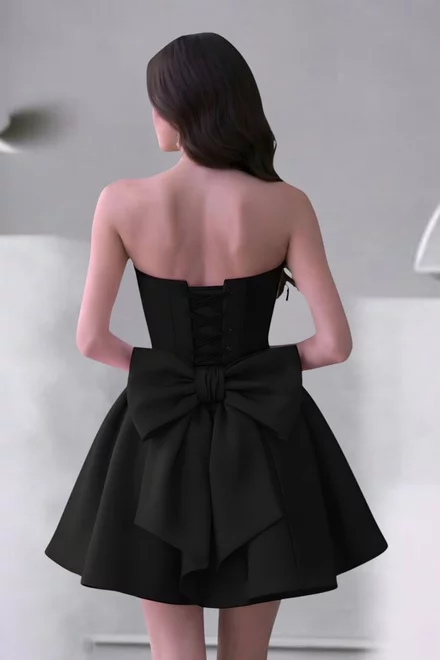 Rochie de Ocazie, din Bistrech Mat,  cu Corset Reglabil si Accesorizata cu Funda Maxi la Spate, Malyora, Neagra