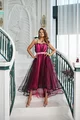 Rochie de Ocazie Midi,din Tulle Negru cu Satin Fuchsia si Centura Detasabila, Fuchsia